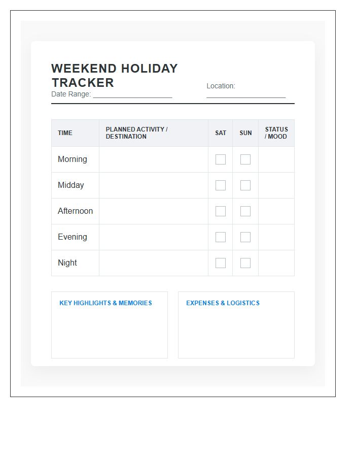 Weekend Holiday Activity Tracking Printable Chart