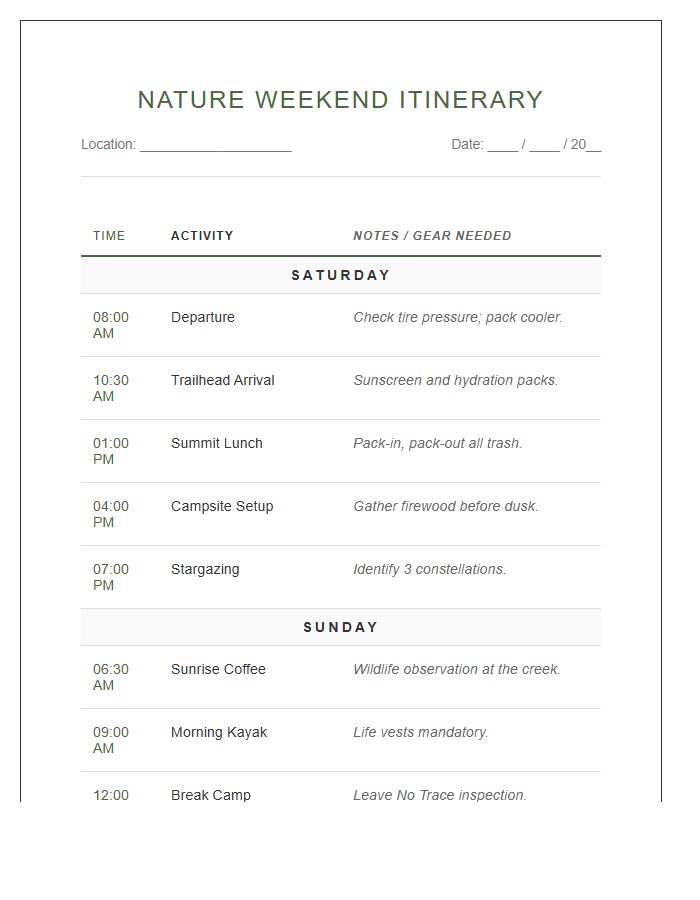Weekend Nature Trip Schedule Printable Chart
