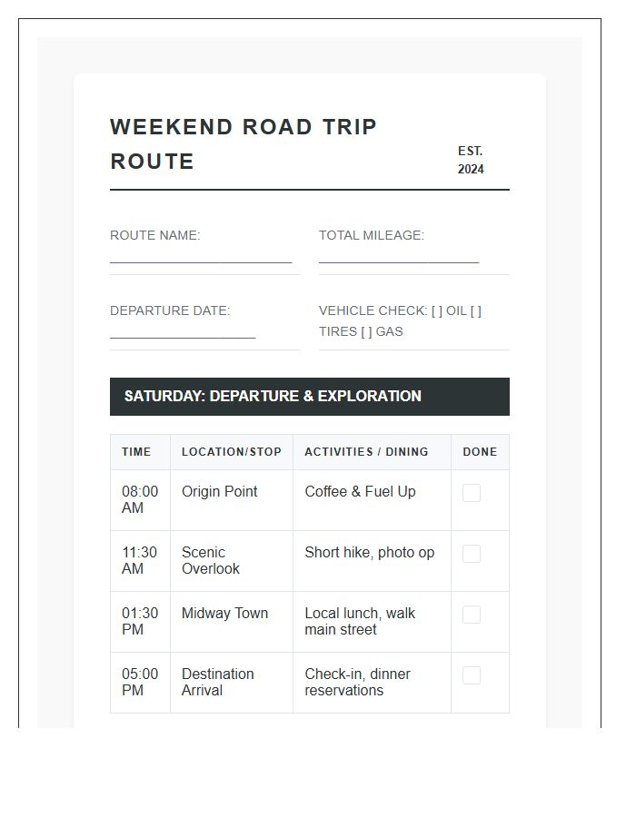 Weekend Road Trip Route Printable Chart