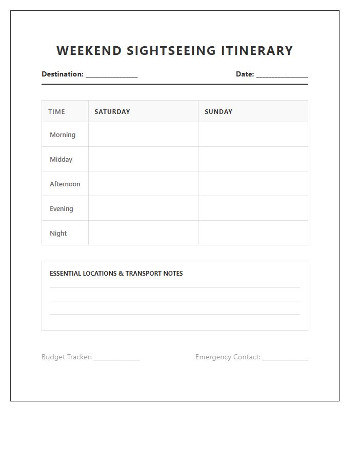 Weekend Sightseeing Schedule Organizer Printable Chart