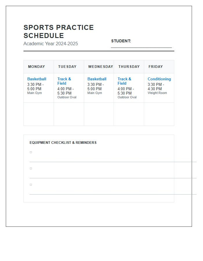 After School Sports Practice Schedule Printable Chart