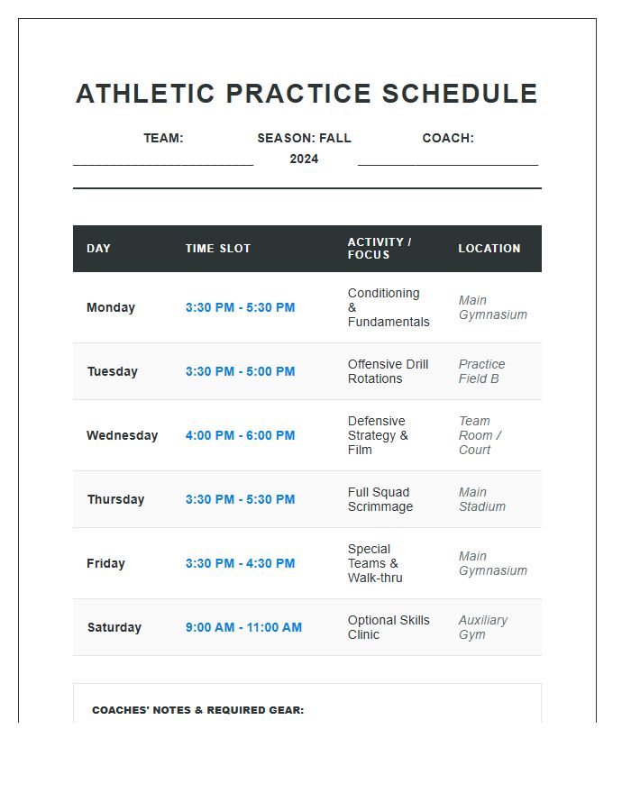 Competitive Middle School Sports Practice Schedule Printable Chart