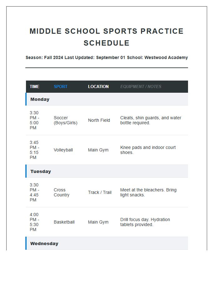 Comprehensive Middle School Sports Practice Schedule Printable Chart