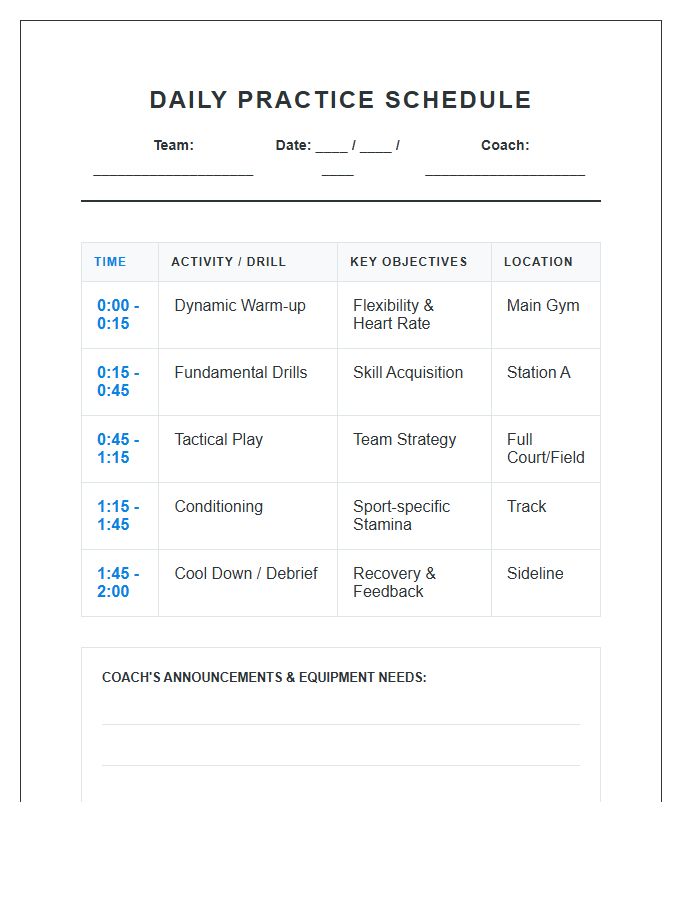 Daily Middle School Sports Practice Schedule Printable Chart