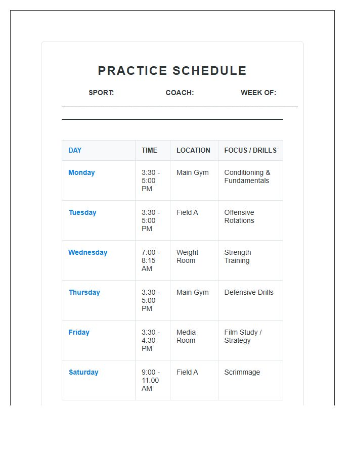 Junior High Sports Practice Schedule Printable Chart