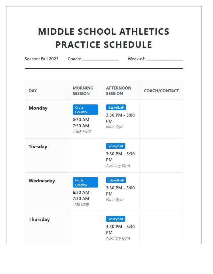 Middle School Athletics Practice Schedule Printable Chart