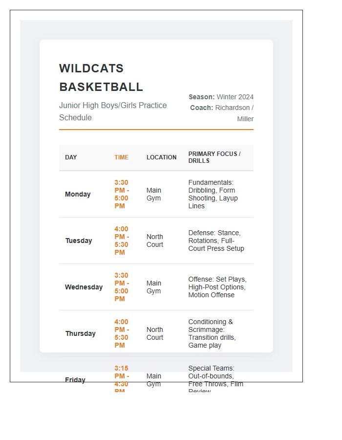 Middle School Basketball Practice Schedule Printable Chart