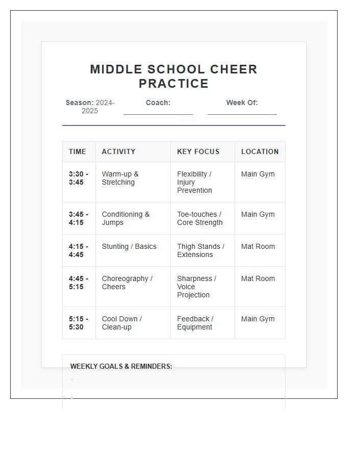 Middle School Cheerleading Practice Schedule Printable Chart