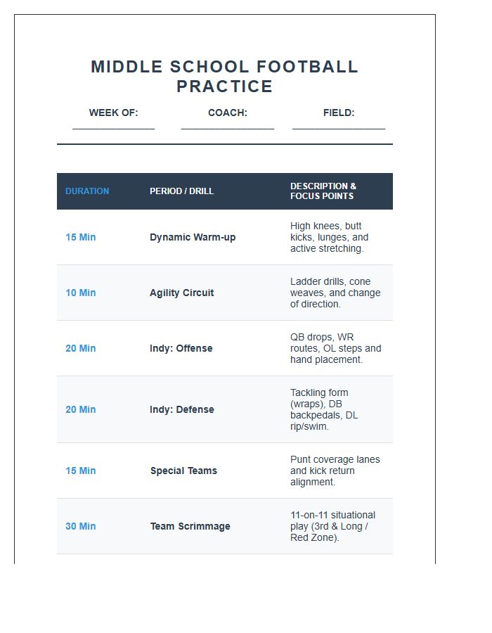 Middle School Football Practice Schedule Printable Chart