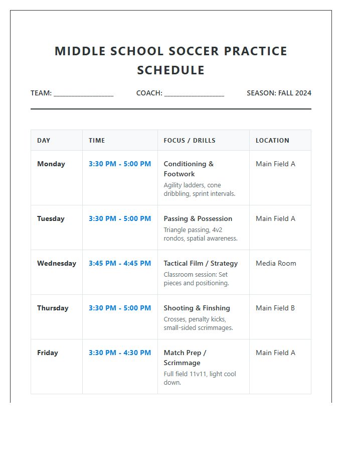 Middle School Soccer Practice Schedule Printable Chart