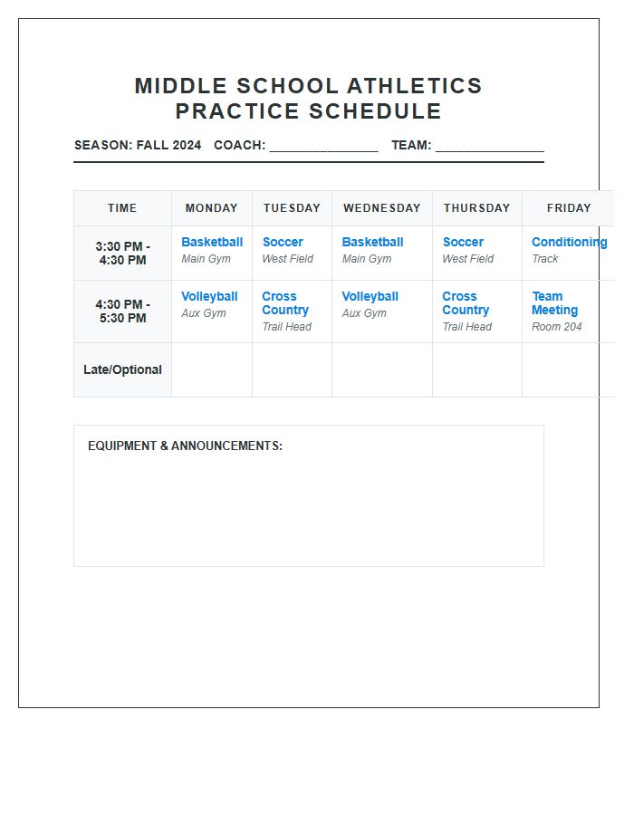 Middle School Sports Practice Schedule Printable Chart