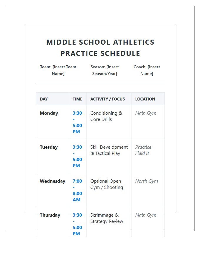 Middle School Sports Team Practice Schedule Printable Chart