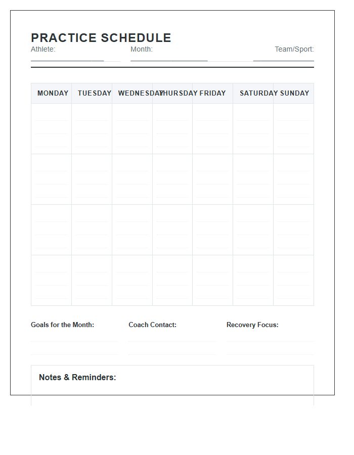 Monthly Student Athlete Practice Schedule Printable Chart
