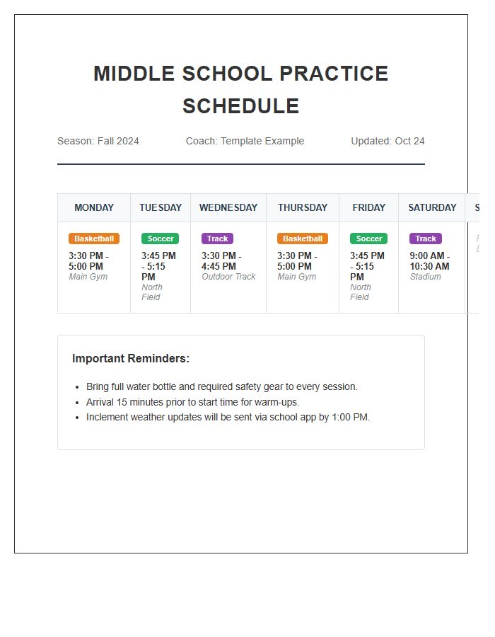 Multi Sport Middle School Practice Schedule Printable Chart