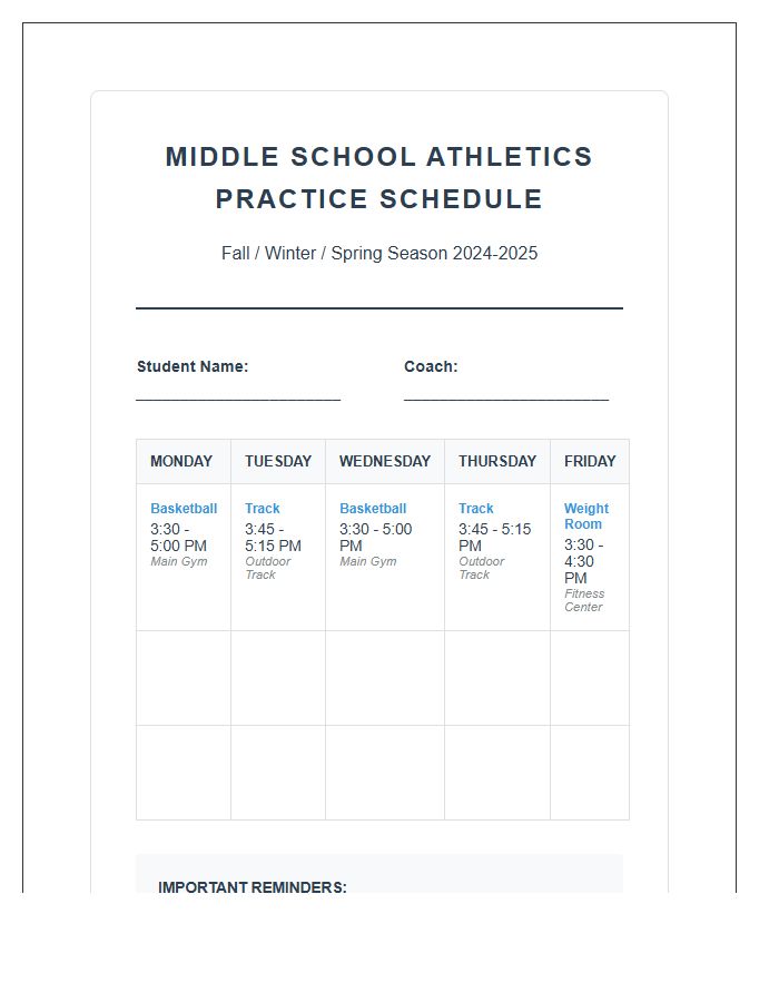 Seasonal Middle School Sports Practice Schedule Printable Chart
