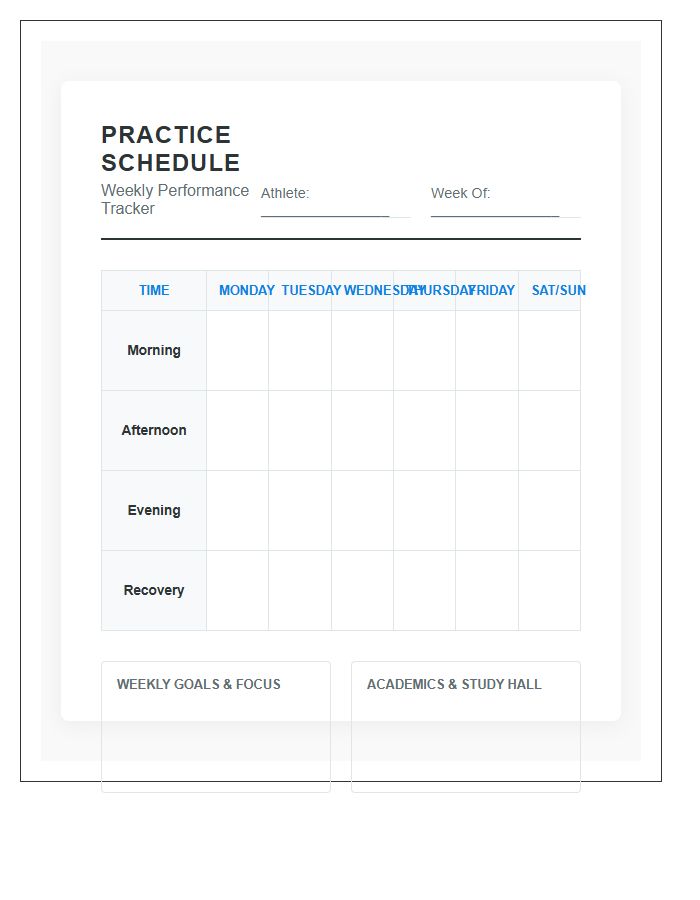 Student Athlete Weekly Practice Schedule Printable Chart