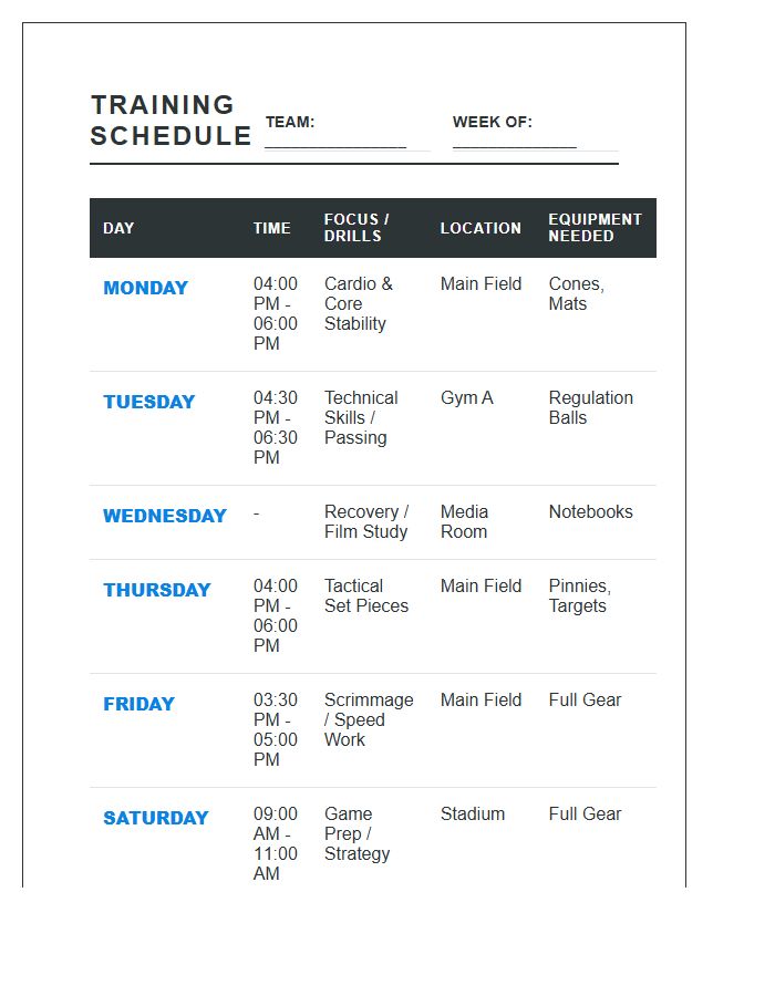 Team Sports Training Practice Schedule Printable Chart