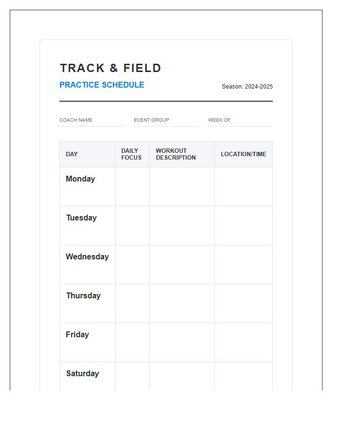 Track And Field Practice Schedule Printable Chart