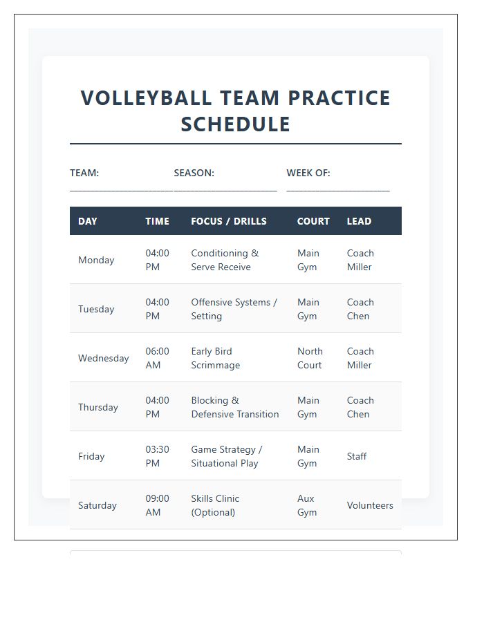 Volleyball Team Practice Schedule Printable Chart