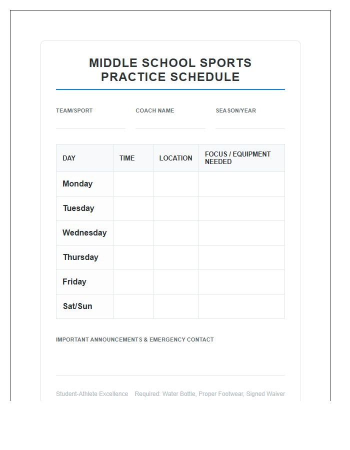 Youth Middle School Sports Practice Schedule Printable Chart