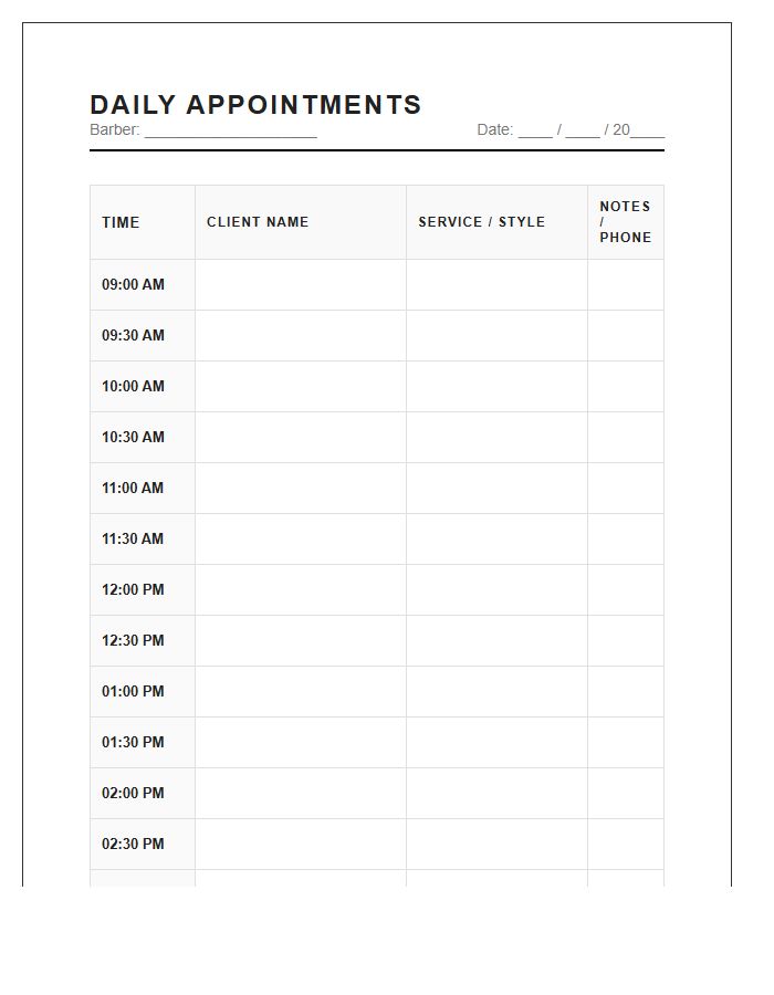 Barber Shop Appointment Schedule Printable Chart