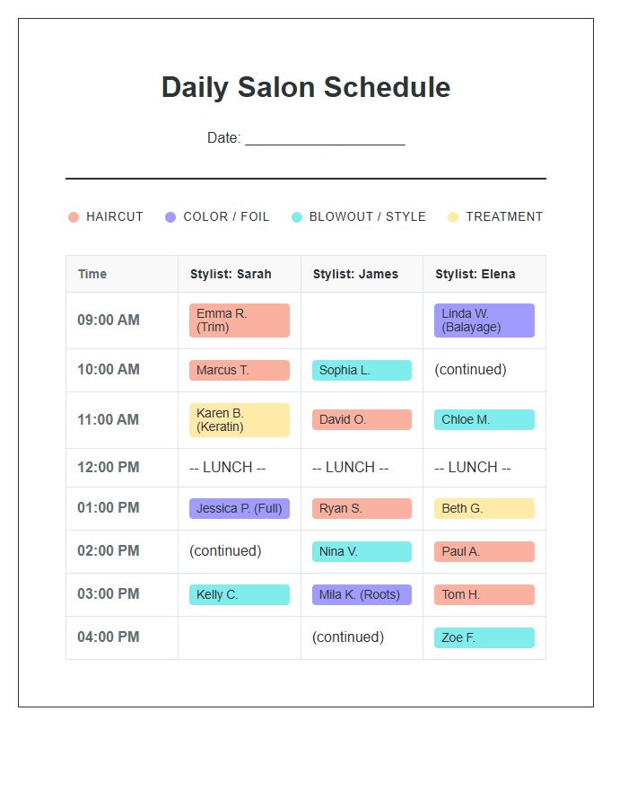 Color Coded Hair Salon Appointment Schedule Printable Chart
