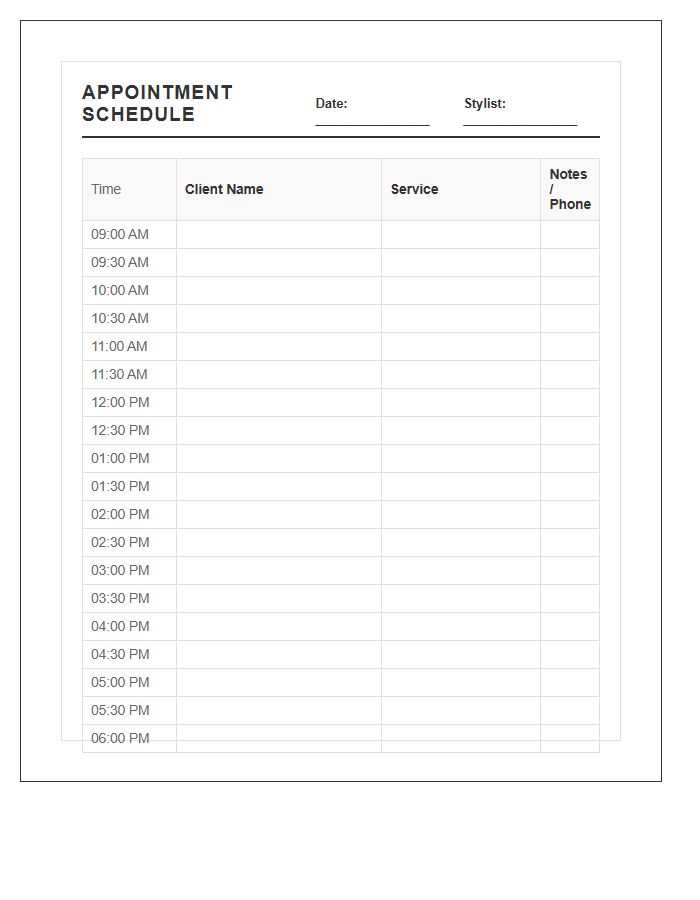 Compact Hair Salon Appointment Schedule Printable Chart