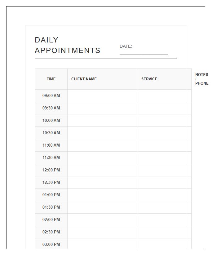 Daily Hair Salon Appointment Schedule Printable Chart