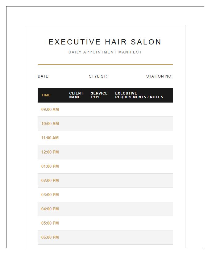 Executive Hair Salon Appointment Schedule Printable Chart
