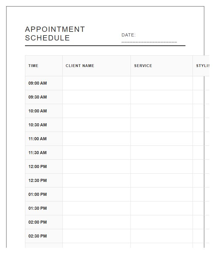 Hair Salon Appointment Management Schedule Printable Chart