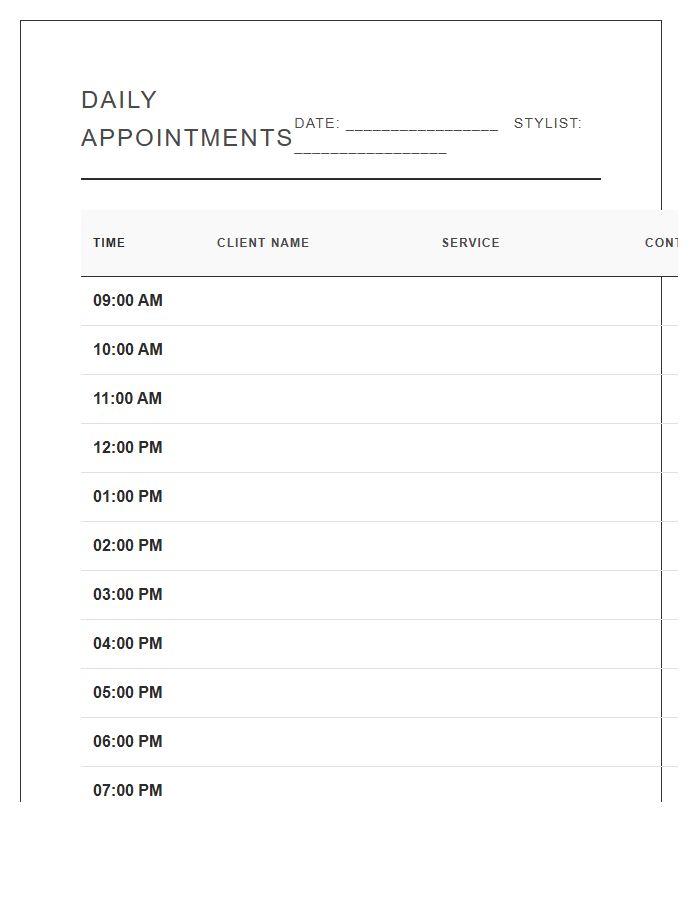 Hair Salon Client Appointment Schedule Printable Chart