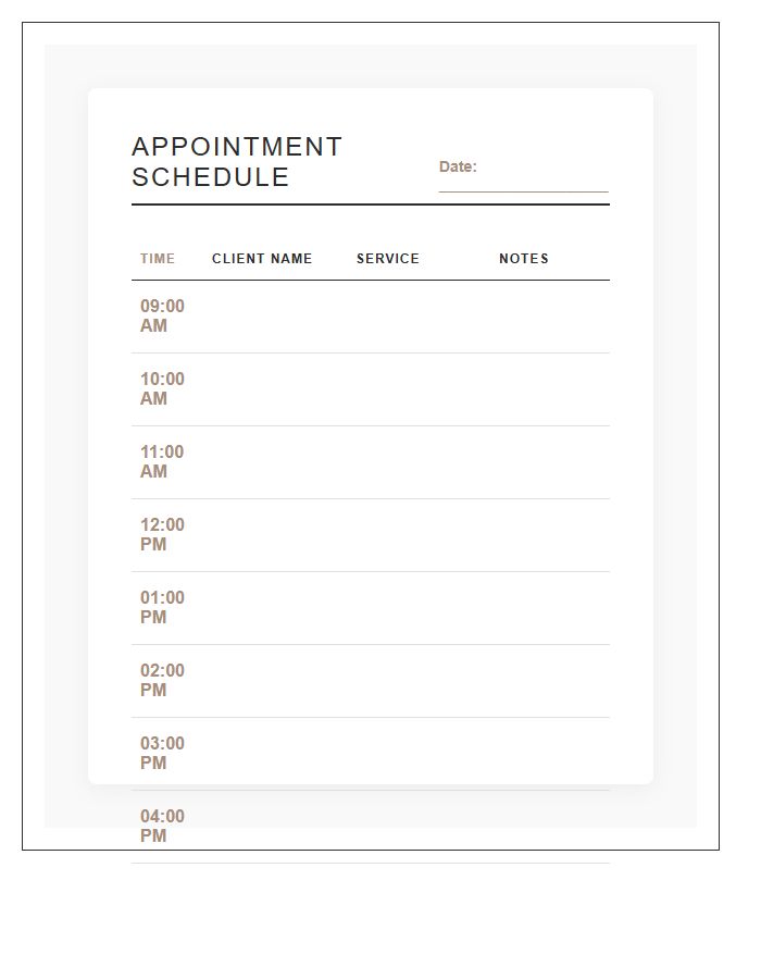 Hair Stylist Appointment Schedule Printable Chart