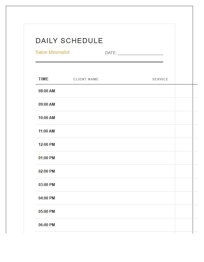 Hourly Hair Salon Appointment Schedule Printable Chart