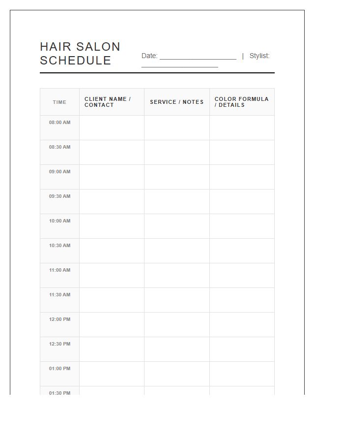 Large Format Hair Salon Appointment Schedule Printable Chart