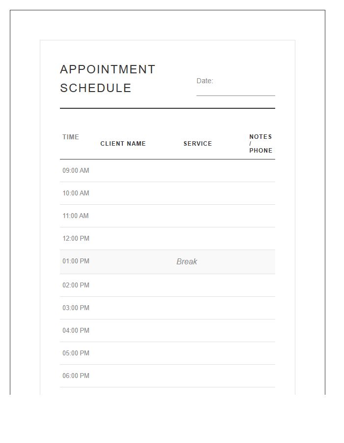 Minimalist Hair Salon Appointment Schedule Printable Chart