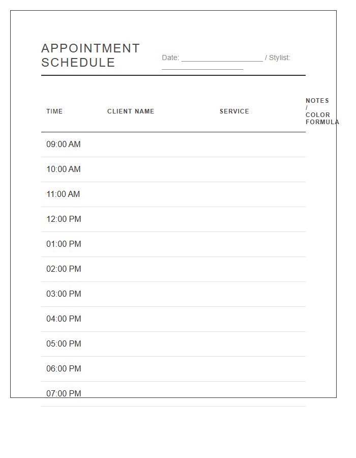 Modern Hair Salon Appointment Schedule Printable Chart
