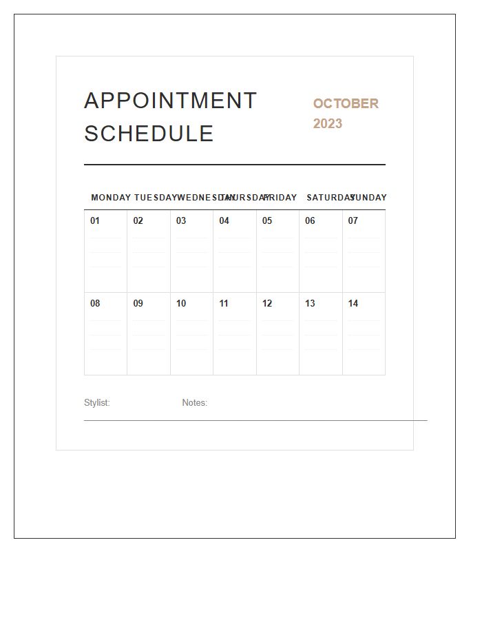 Monthly Hair Salon Appointment Schedule Printable Chart