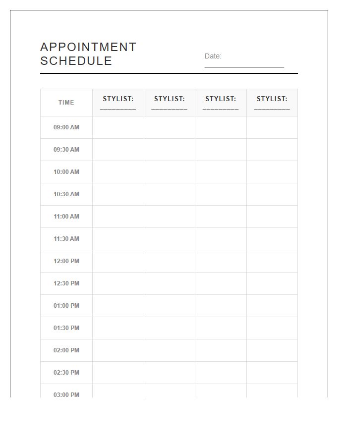 Multi Stylist Hair Salon Appointment Schedule Printable Chart