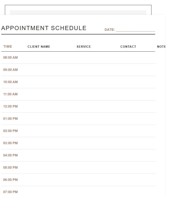 Portable Hair Salon Appointment Schedule Printable Chart