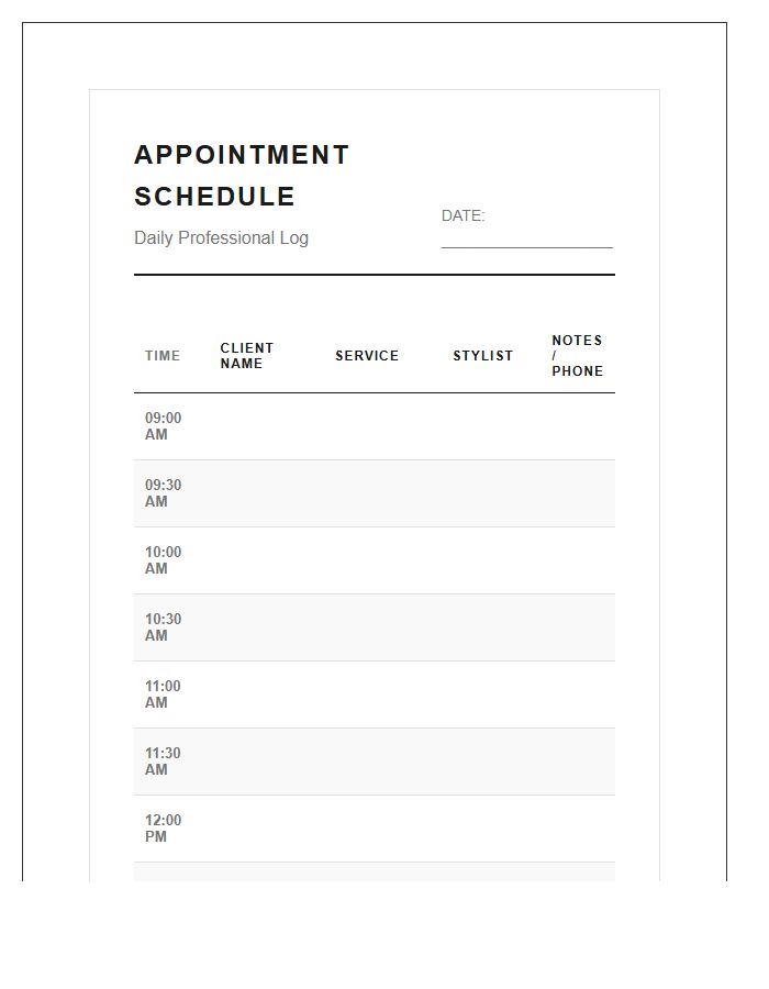Professional Hair Salon Appointment Schedule Printable Chart