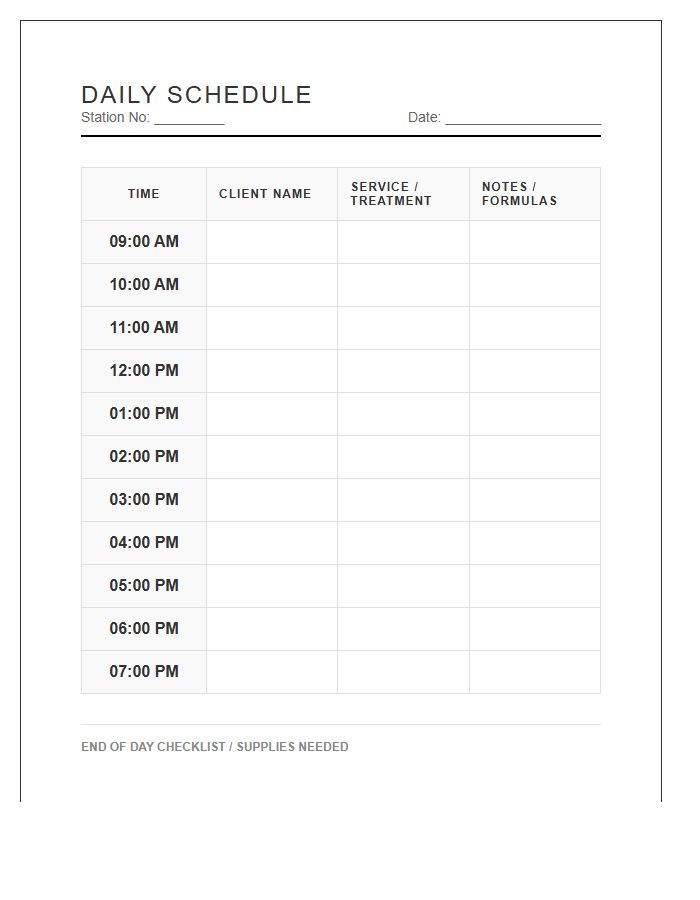 Salon Station Appointment Schedule Printable Chart