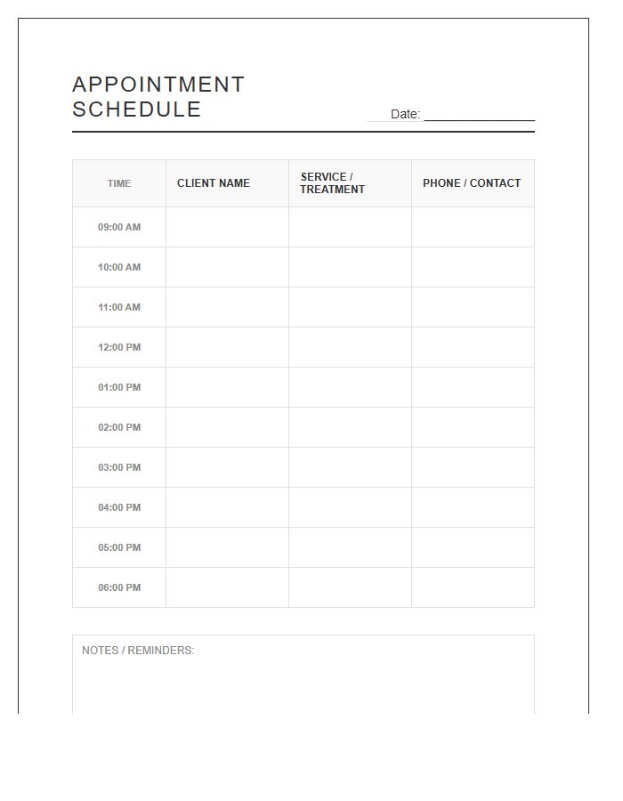 Simple Hair Salon Appointment Schedule Printable Chart