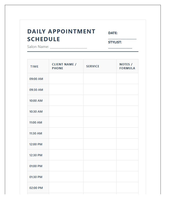 Standard Hair Salon Appointment Schedule Printable Chart