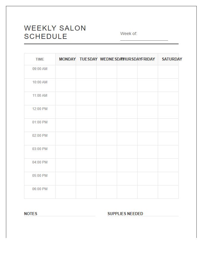 Weekly Hair Salon Appointment Schedule Printable Chart