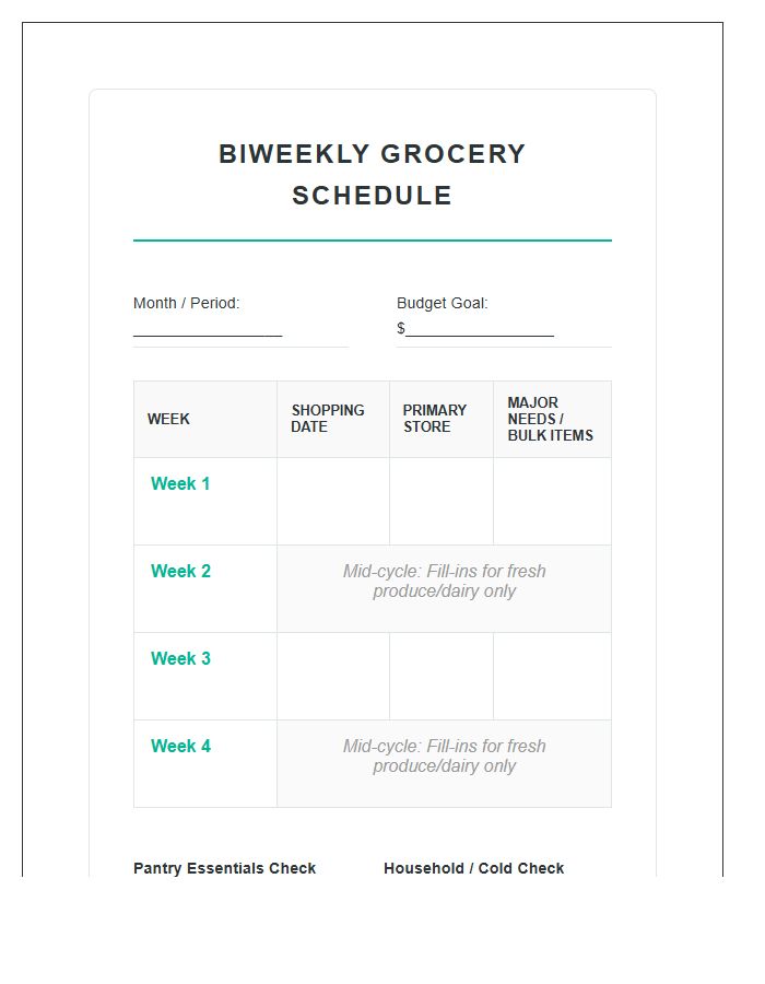 Biweekly Grocery Shopping Schedule Printable Chart