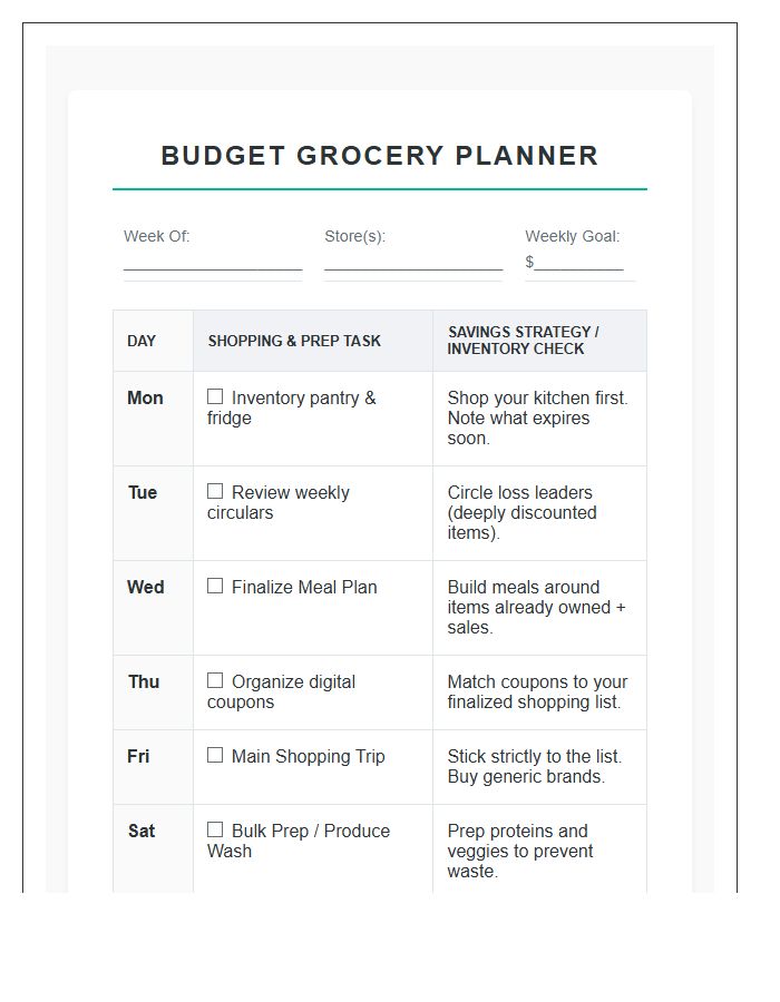 Budget Friendly Grocery Shopping Schedule Printable Chart