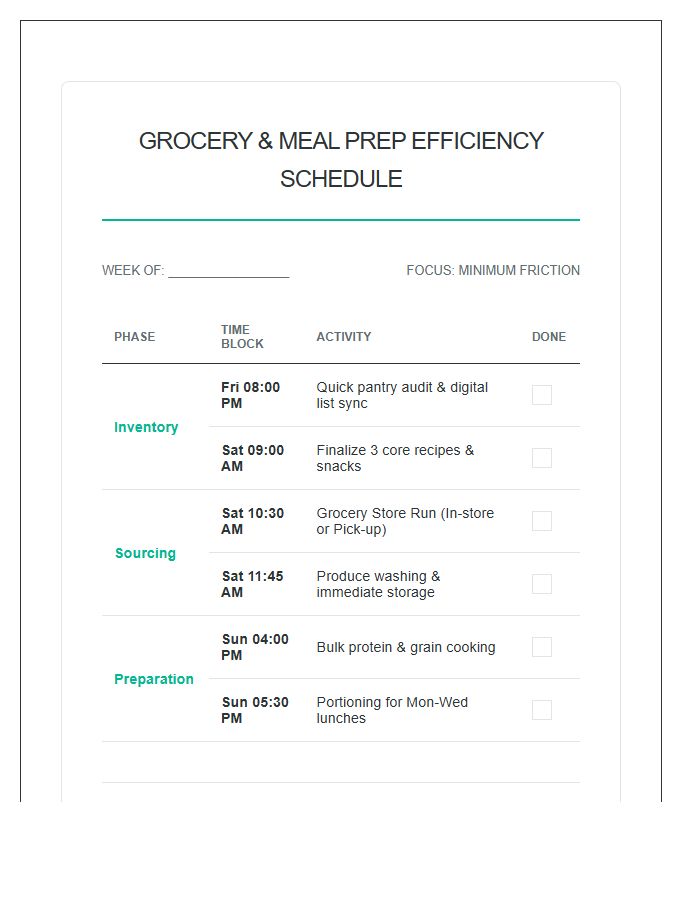 Busy Professional Grocery Shopping Schedule Printable Chart