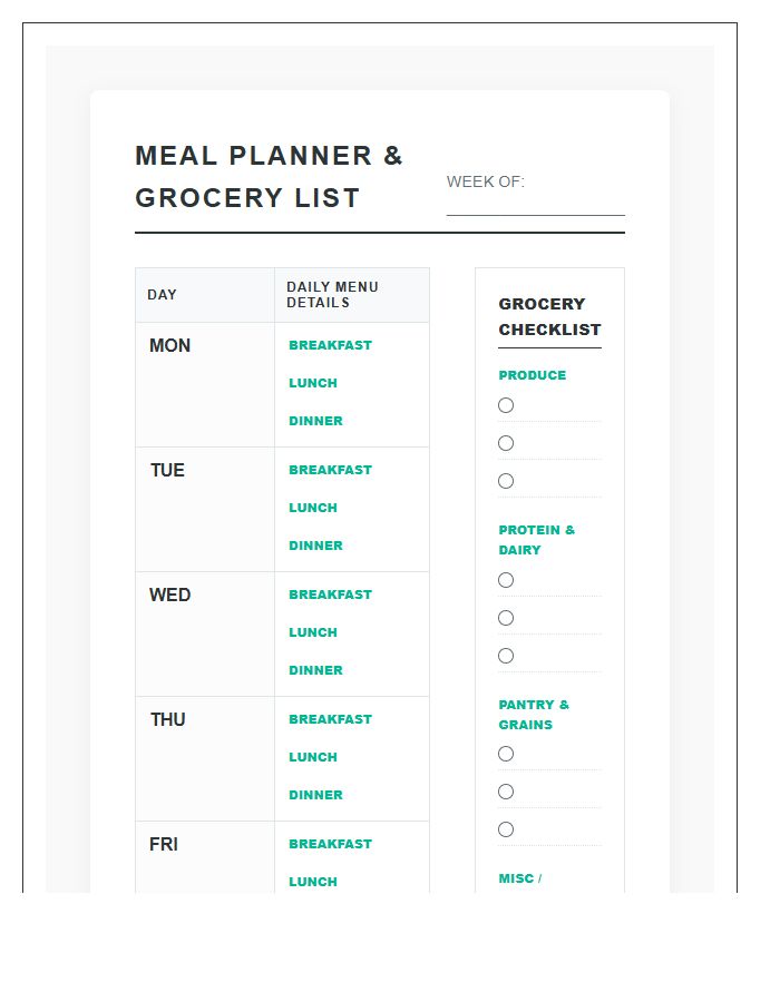 Detailed Meal Planning Grocery Shopping Schedule Printable Chart