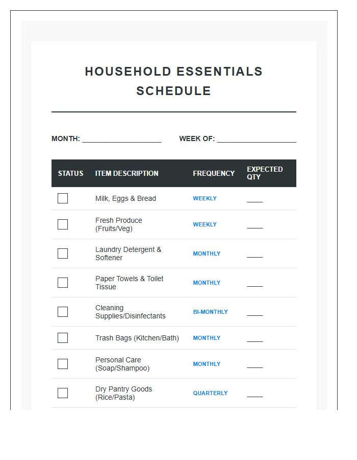 Household Essentials Grocery Shopping Schedule Printable Chart