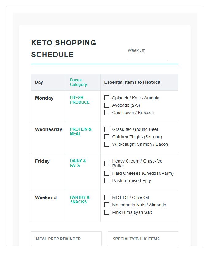 Keto Diet Grocery Shopping Schedule Printable Chart